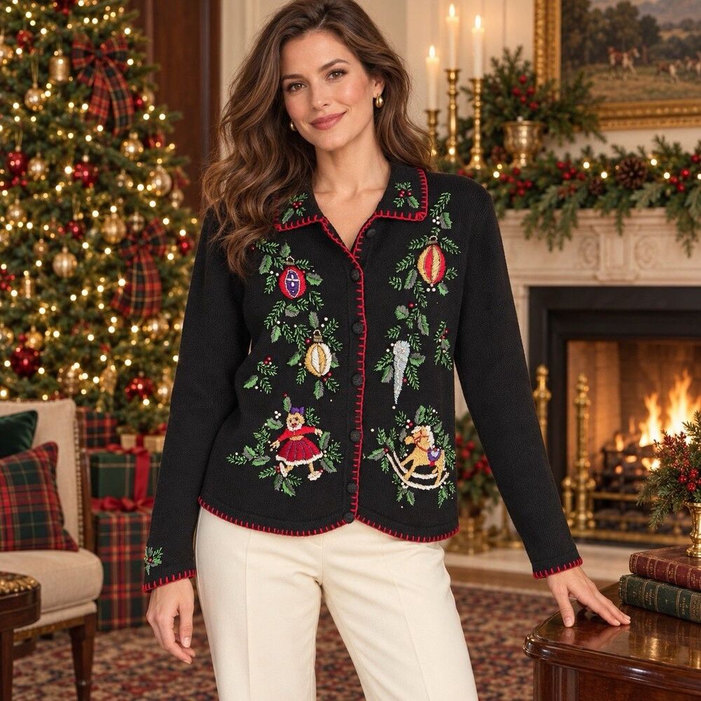 New Vintage BP Design M Black Christmas Ornaments Embroidered Beads Cardigan